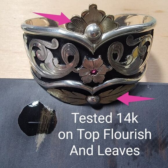 Lopez Bros. Silversmith Handcrafted Engraved Sterling 14k Flourish Cuff Bracelet - Picture 11 of 13
